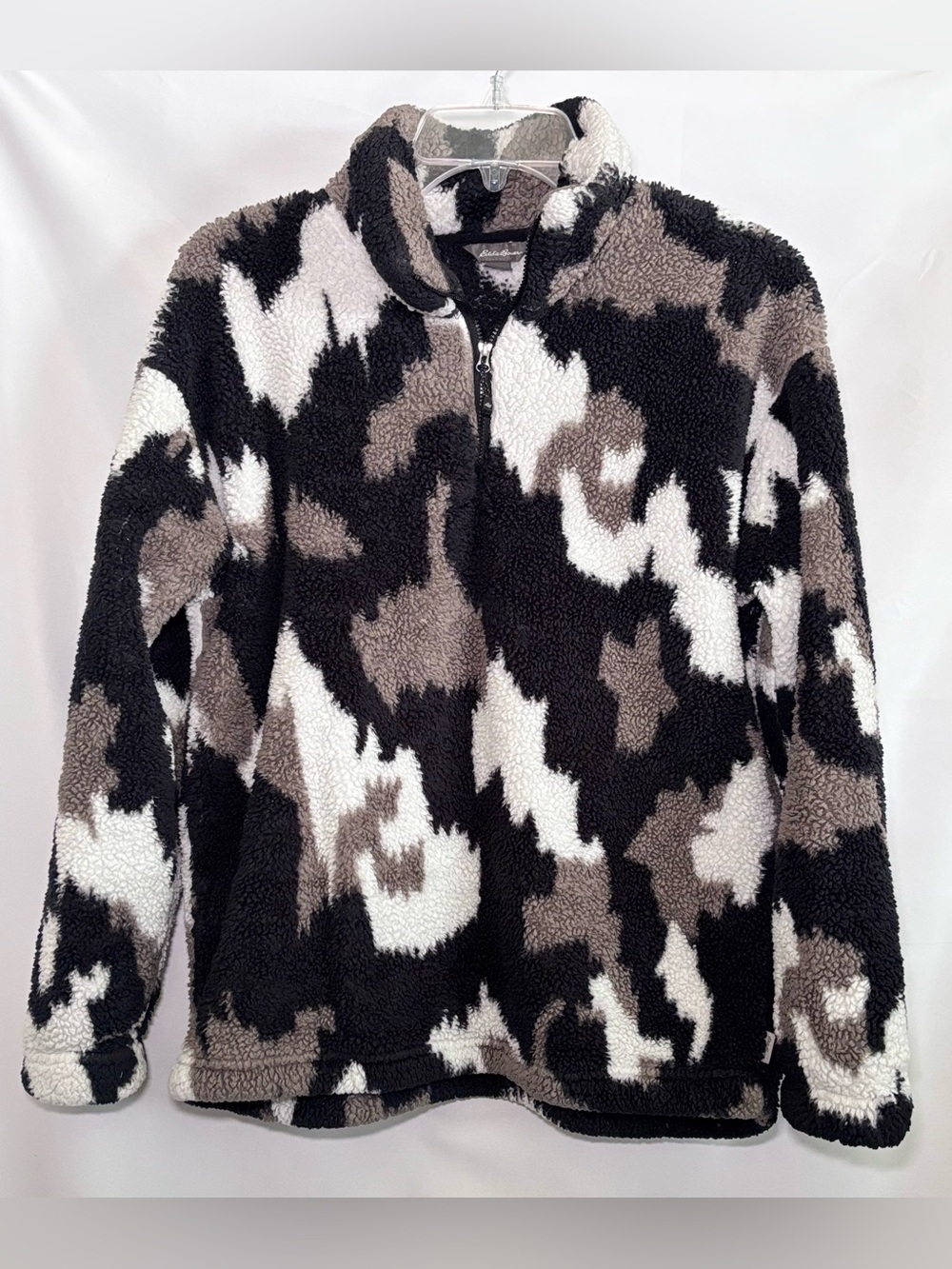 Eddie Bauer Women’s Sherpa Quarter Zip Pullover Sweater Black Camo